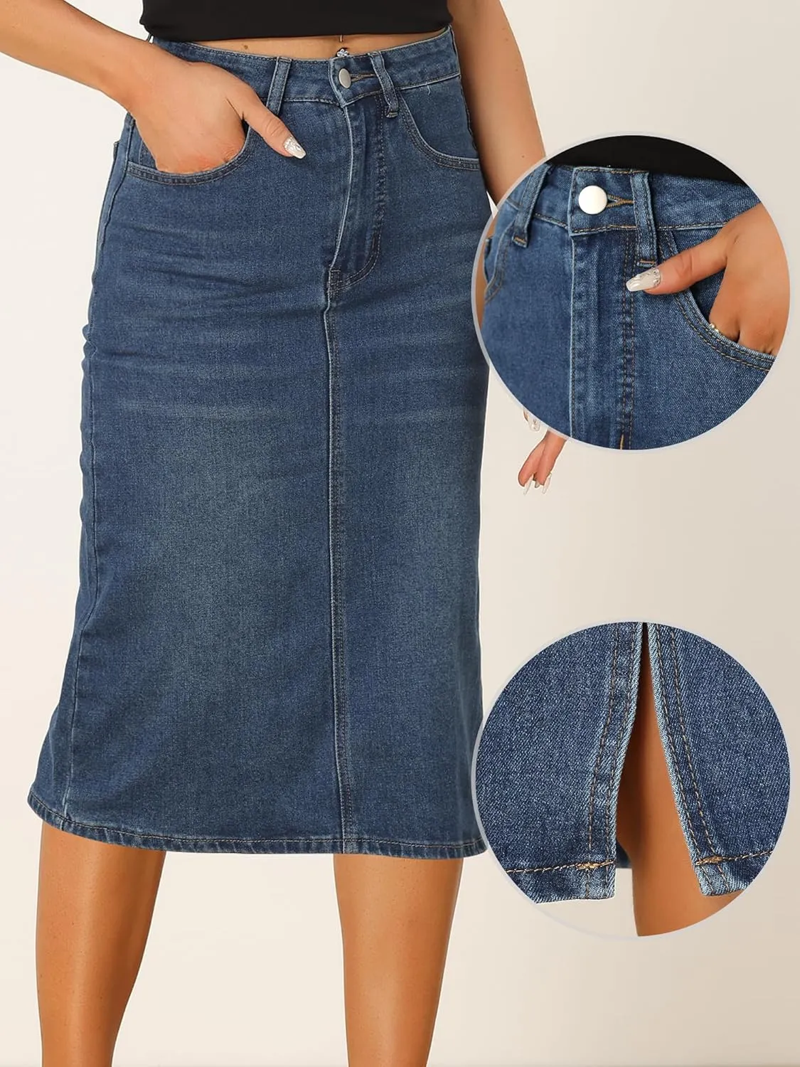Allegra K Casual Denim Skirt for Women's High Waist Split Back Pockets Midi Jean Skirts