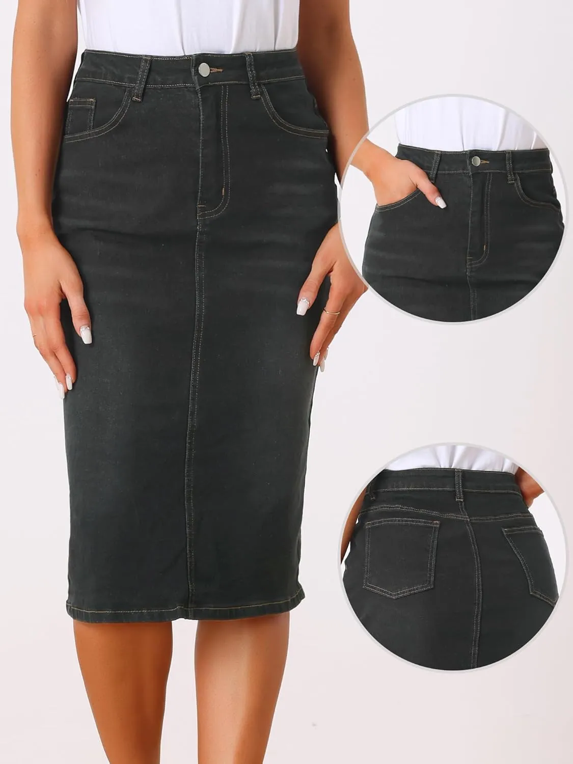 Allegra K Casual Denim Skirt for Women's High Waist Split Back Pockets Midi Jean Skirts