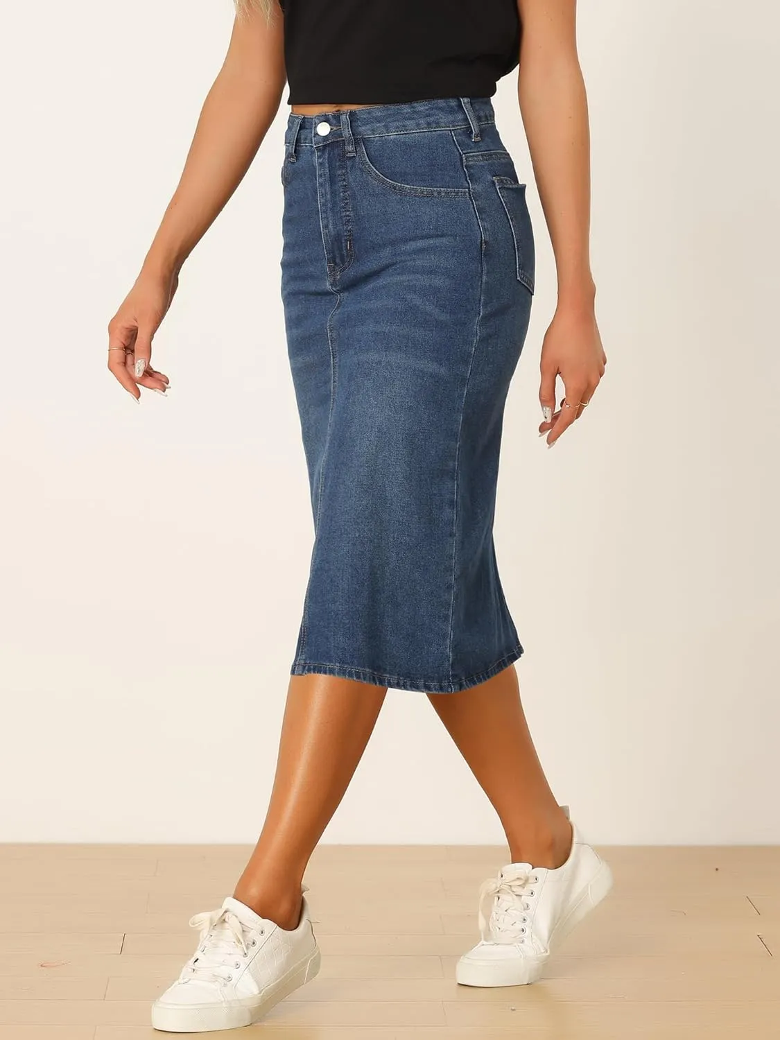 Allegra K Casual Denim Skirt for Women's High Waist Split Back Pockets Midi Jean Skirts
