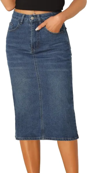 Allegra K Casual Denim Skirt for Women's High Waist Split Back Pockets Midi Jean Skirts