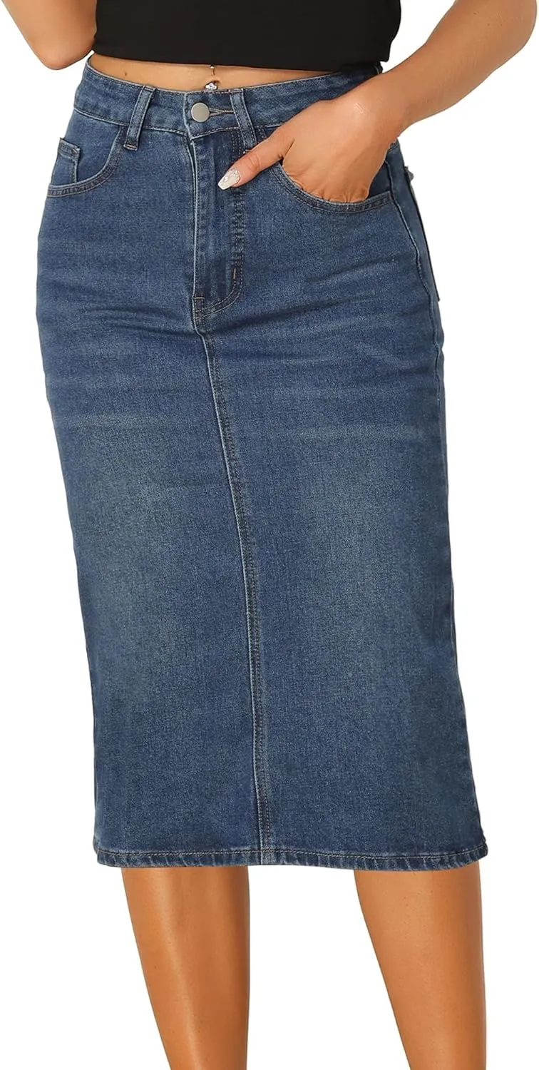 Allegra K Casual Denim Skirt for Women's High Waist Split Back Pockets Midi Jean Skirts