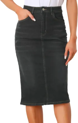 Allegra K Casual Denim Skirt for Women's High Waist Split Back Pockets Midi Jean Skirts