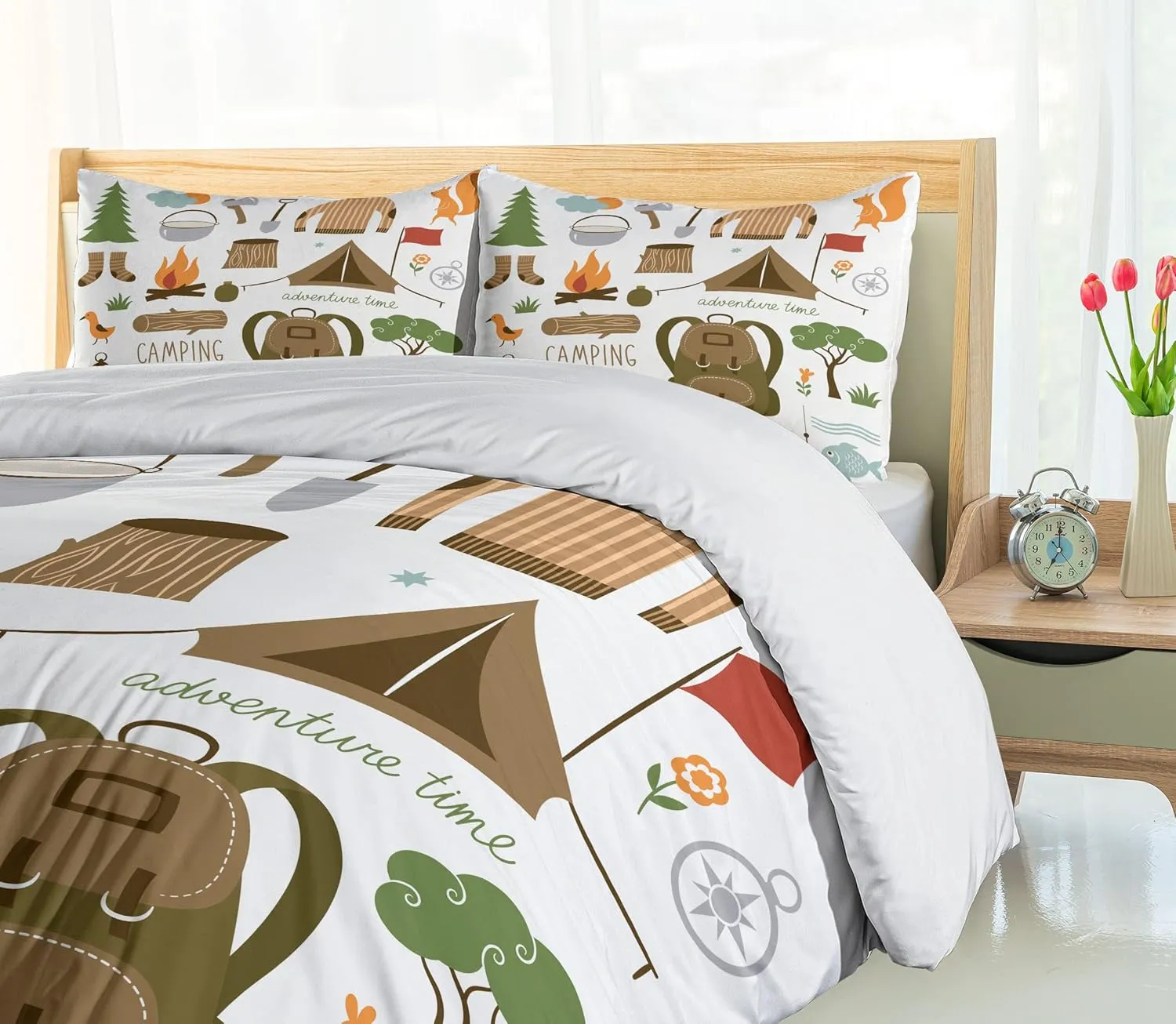 Ambesonne Adventure Duvet Cover Set, Camping Equipment Sleeping Bag Boots Campfire Shovel Hatchet Log Art Print, Decorative 3 Piece Bedding Set with 2 Pillow Shams, Queen Size, White Khaki