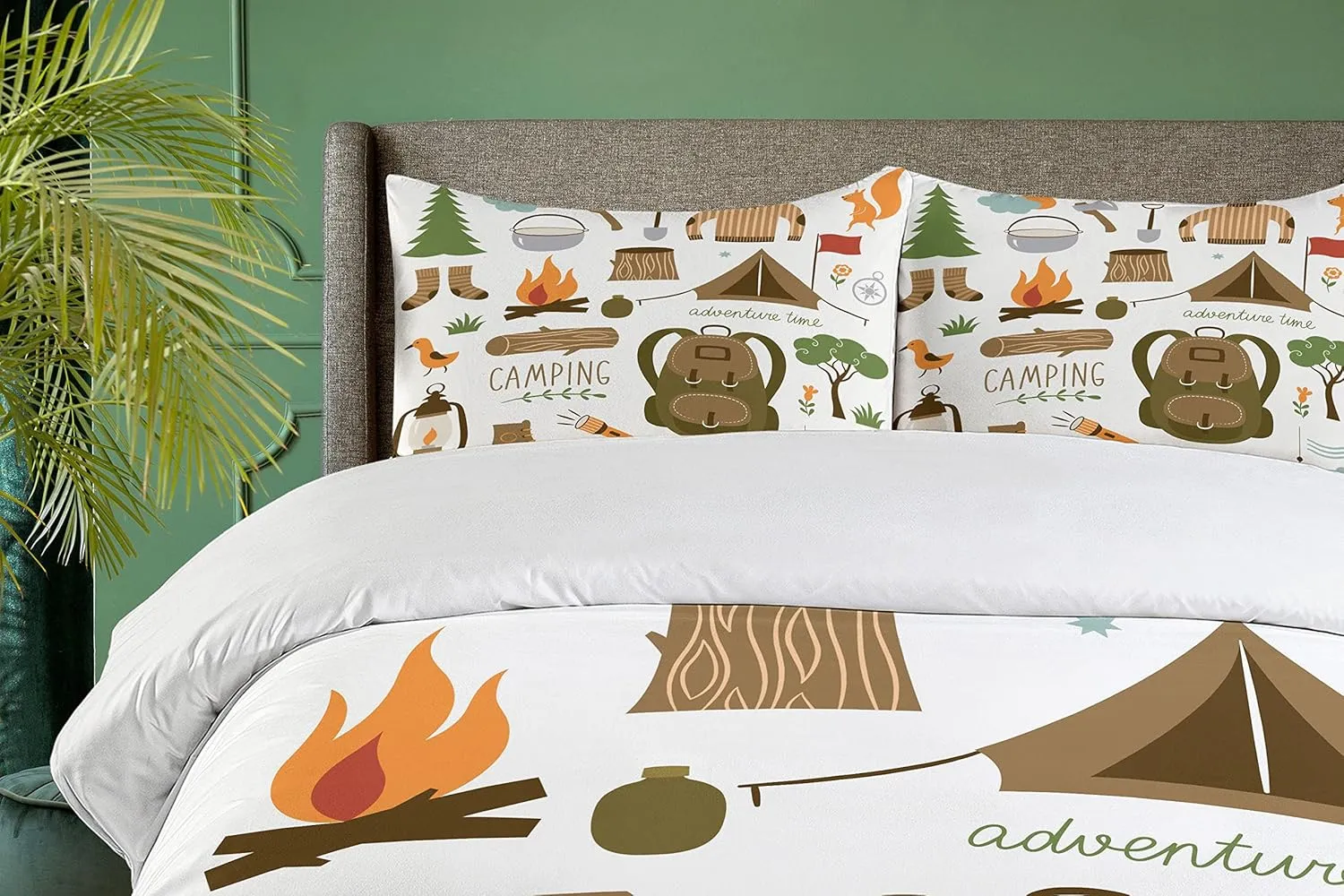 Ambesonne Adventure Duvet Cover Set, Camping Equipment Sleeping Bag Boots Campfire Shovel Hatchet Log Art Print, Decorative 3 Piece Bedding Set with 2 Pillow Shams, Queen Size, White Khaki