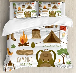 Ambesonne Adventure Duvet Cover Set, Camping Equipment Sleeping Bag Boots Campfire Shovel Hatchet Log Art Print, Decorative 3 Piece Bedding Set with 2 Pillow Shams, Queen Size, White Khaki