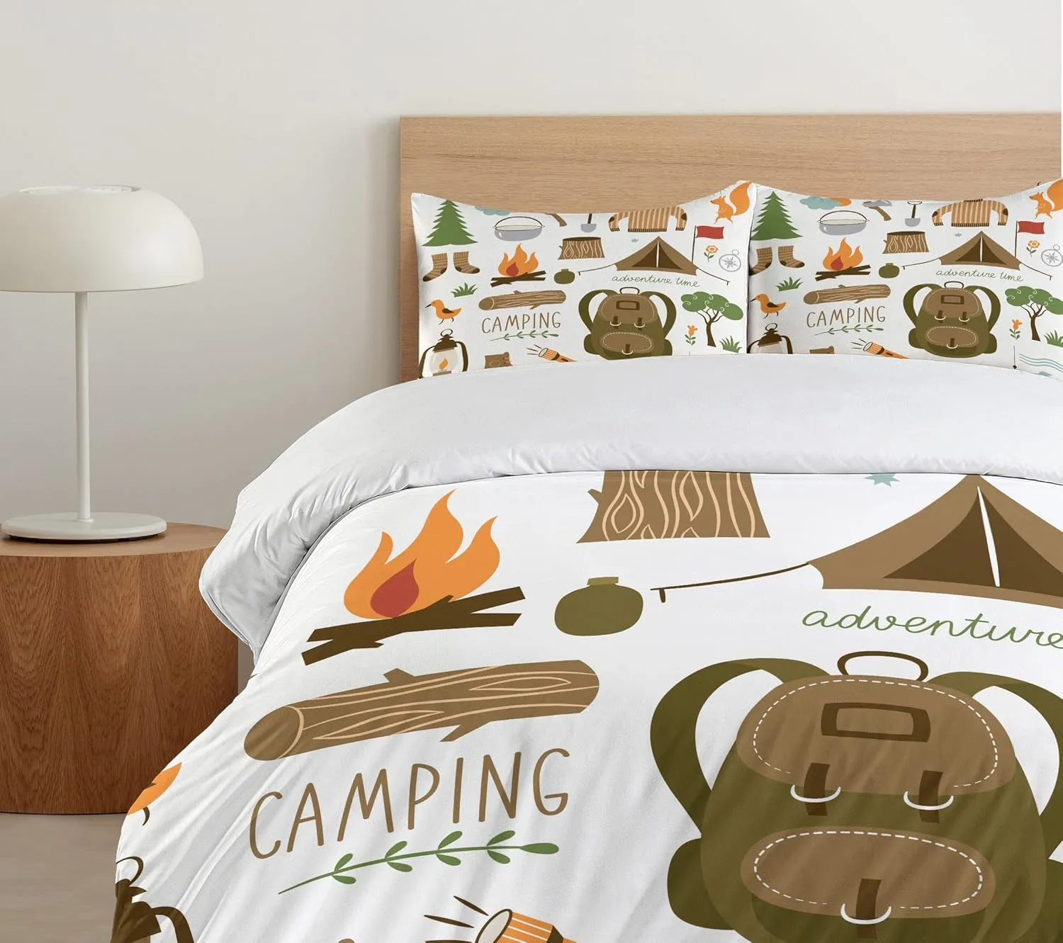 Ambesonne Adventure Duvet Cover Set, Camping Equipment Sleeping Bag Boots Campfire Shovel Hatchet Log Art Print, Decorative 3 Piece Bedding Set with 2 Pillow Shams, Queen Size, White Khaki