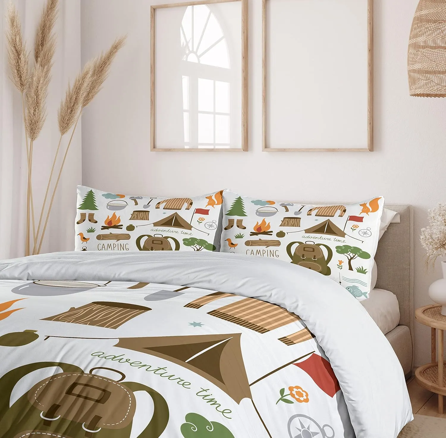 Ambesonne Adventure Duvet Cover Set, Camping Equipment Sleeping Bag Boots Campfire Shovel Hatchet Log Art Print, Decorative 3 Piece Bedding Set with 2 Pillow Shams, Queen Size, White Khaki