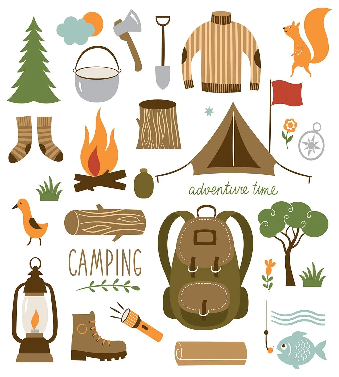 Ambesonne Adventure Duvet Cover Set, Camping Equipment Sleeping Bag Boots Campfire Shovel Hatchet Log Art Print, Decorative 3 Piece Bedding Set with 2 Pillow Shams, Queen Size, White Khaki