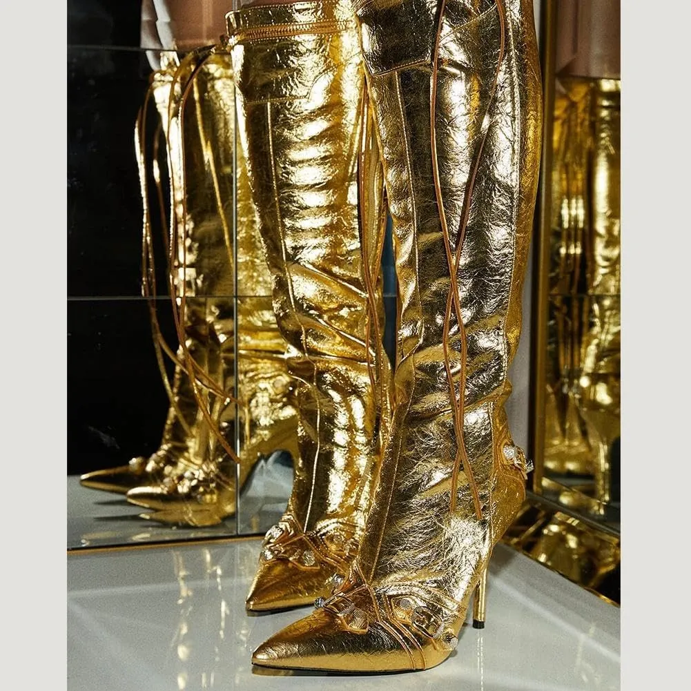 Ancomafio Knee High Boots for Women Stiletto Heel Studded Boots Pointed Toe Rivets Tassel Boot Sexy High Heel Punk Boots Zipper