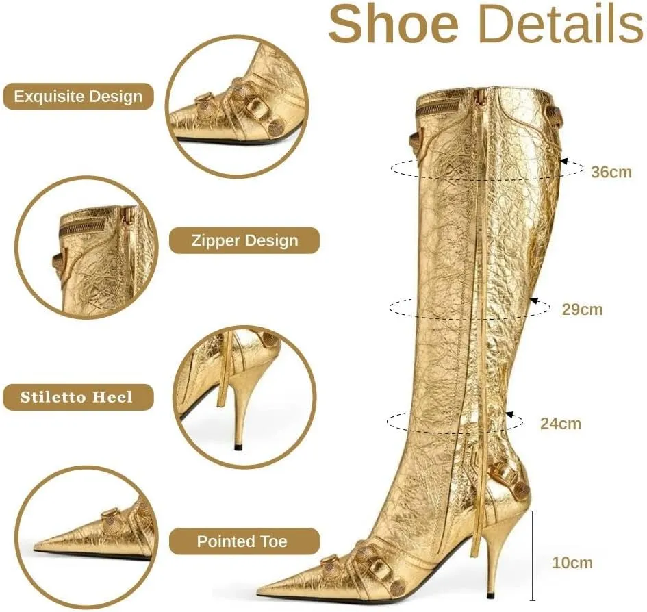 Ancomafio Knee High Boots for Women Stiletto Heel Studded Boots Pointed Toe Rivets Tassel Boot Sexy High Heel Punk Boots Zipper