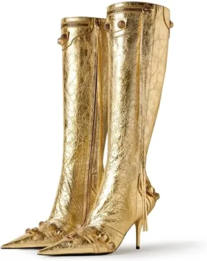 Ancomafio Knee High Boots for Women Stiletto Heel Studded Boots Pointed Toe Rivets Tassel Boot Sexy High Heel Punk Boots Zipper