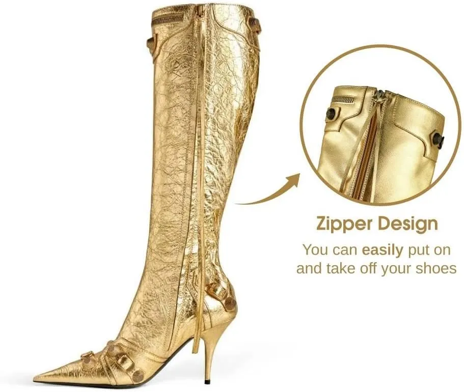 Ancomafio Knee High Boots for Women Stiletto Heel Studded Boots Pointed Toe Rivets Tassel Boot Sexy High Heel Punk Boots Zipper