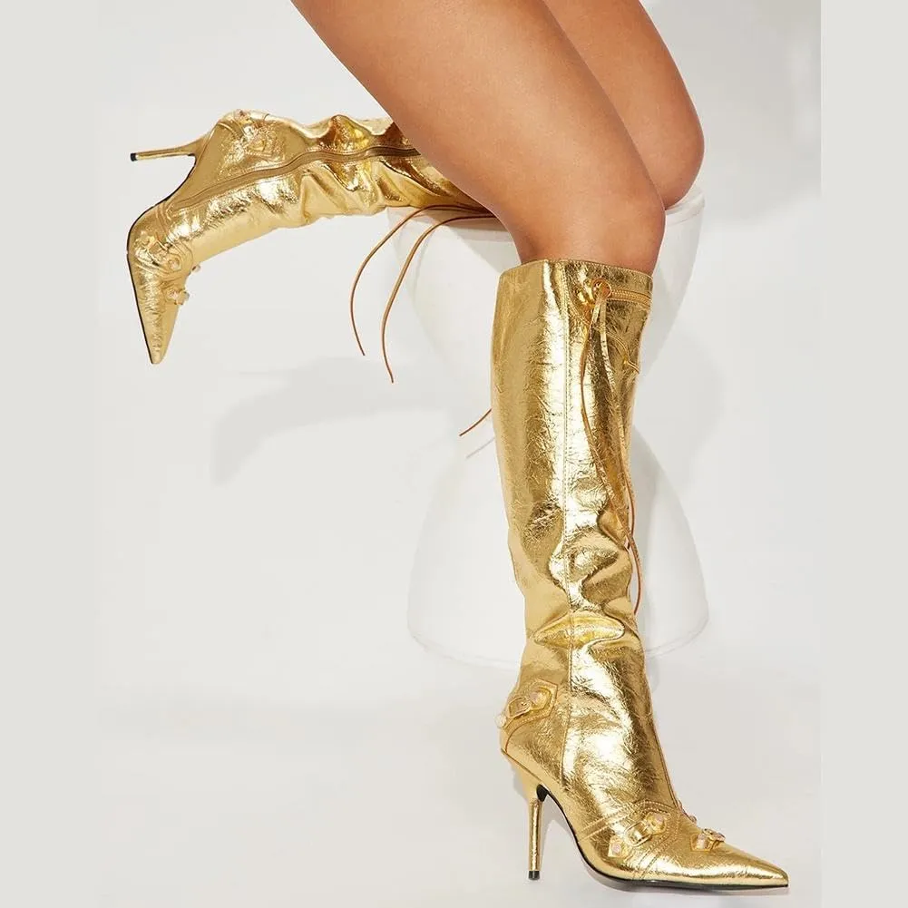 Ancomafio Knee High Boots for Women Stiletto Heel Studded Boots Pointed Toe Rivets Tassel Boot Sexy High Heel Punk Boots Zipper