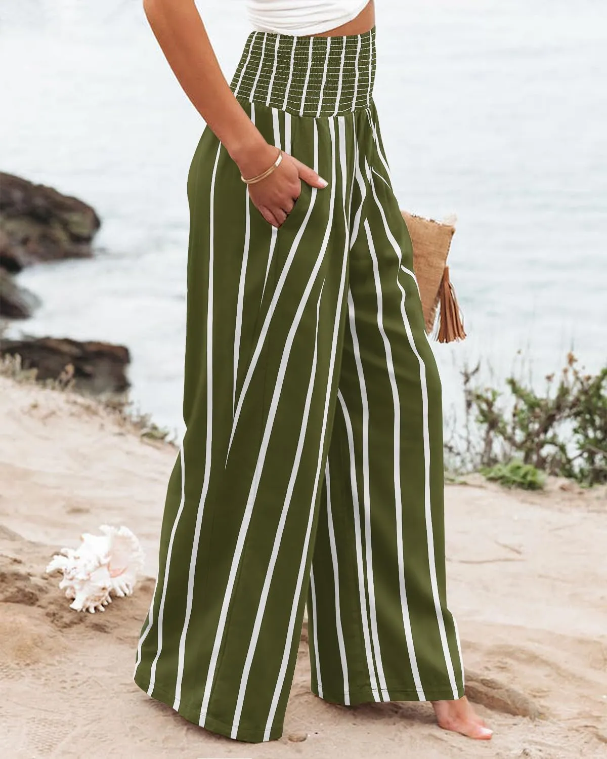 Angerella Womens Elastic High Waisted Palazzo Pants Casual Wide Leg Long Lounge Pant Trousers with Pocket