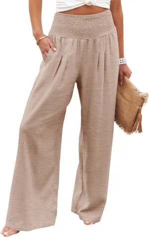 Angerella Womens Elastic High Waisted Palazzo Pants Casual Wide Leg Long Lounge Pant Trousers with Pocket