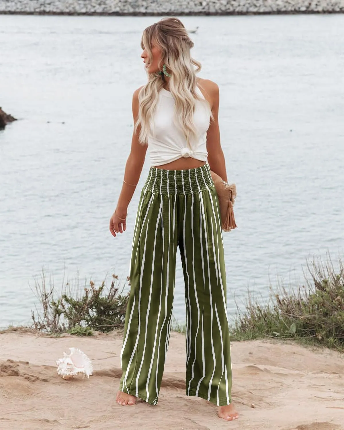 Angerella Womens Elastic High Waisted Palazzo Pants Casual Wide Leg Long Lounge Pant Trousers with Pocket