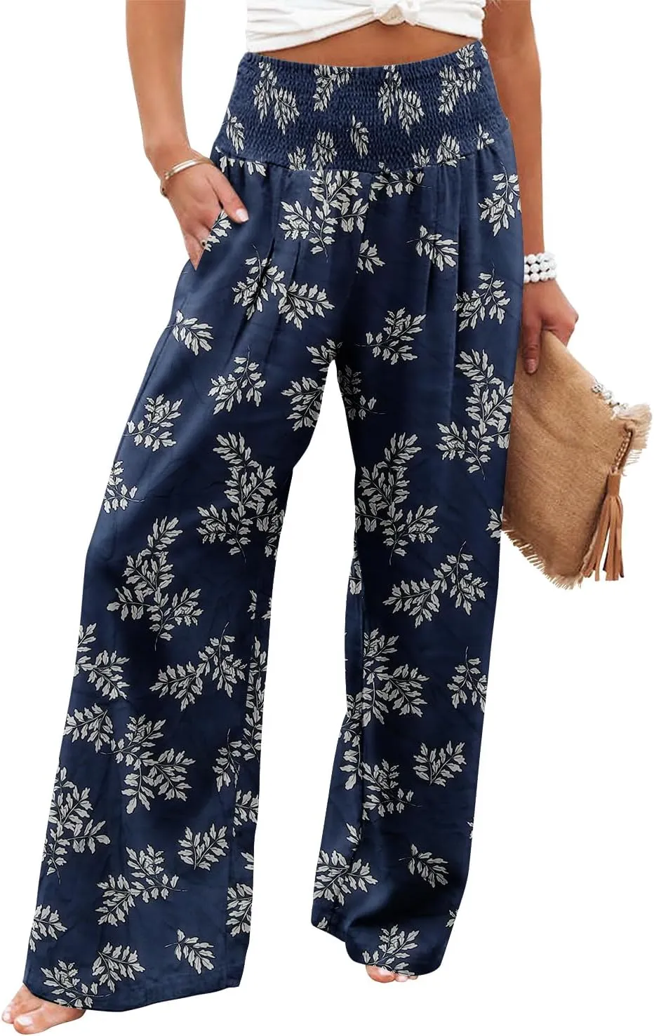 Angerella Womens Elastic High Waisted Palazzo Pants Casual Wide Leg Long Lounge Pant Trousers with Pocket