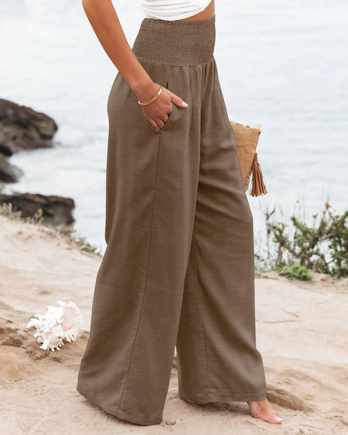 Angerella Womens Elastic High Waisted Palazzo Pants Casual Wide Leg Long Lounge Pant Trousers with Pocket