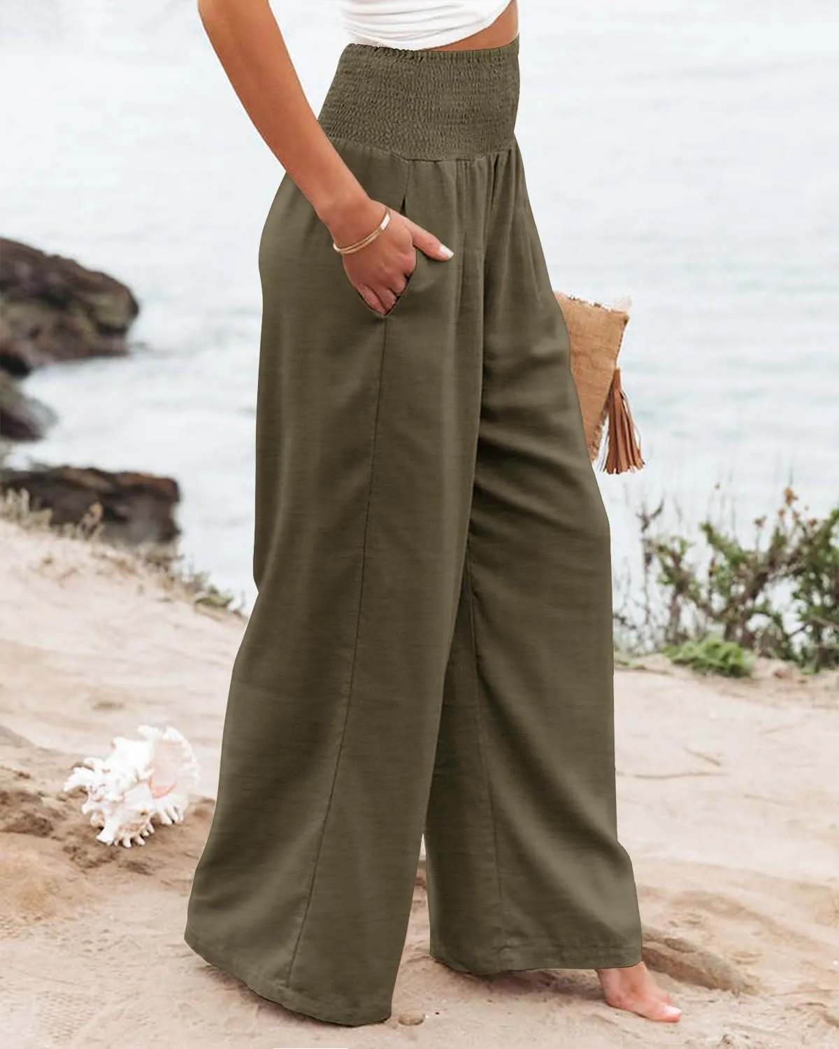 Angerella Womens Elastic High Waisted Palazzo Pants Casual Wide Leg Long Lounge Pant Trousers with Pocket