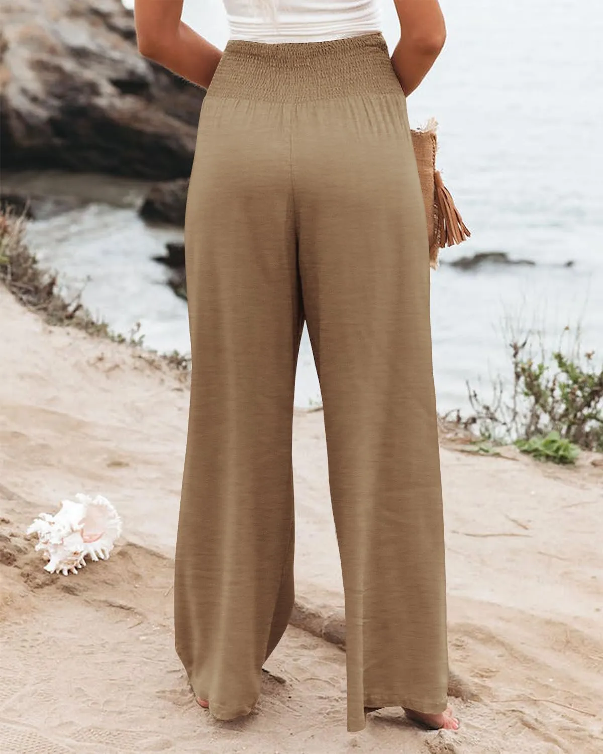 Angerella Womens Elastic High Waisted Palazzo Pants Casual Wide Leg Long Lounge Pant Trousers with Pocket