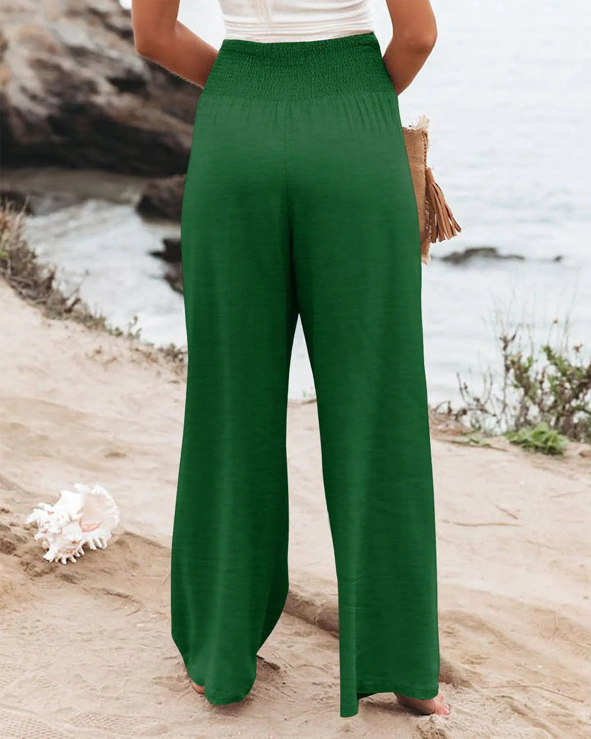 Angerella Womens Elastic High Waisted Palazzo Pants Casual Wide Leg Long Lounge Pant Trousers with Pocket