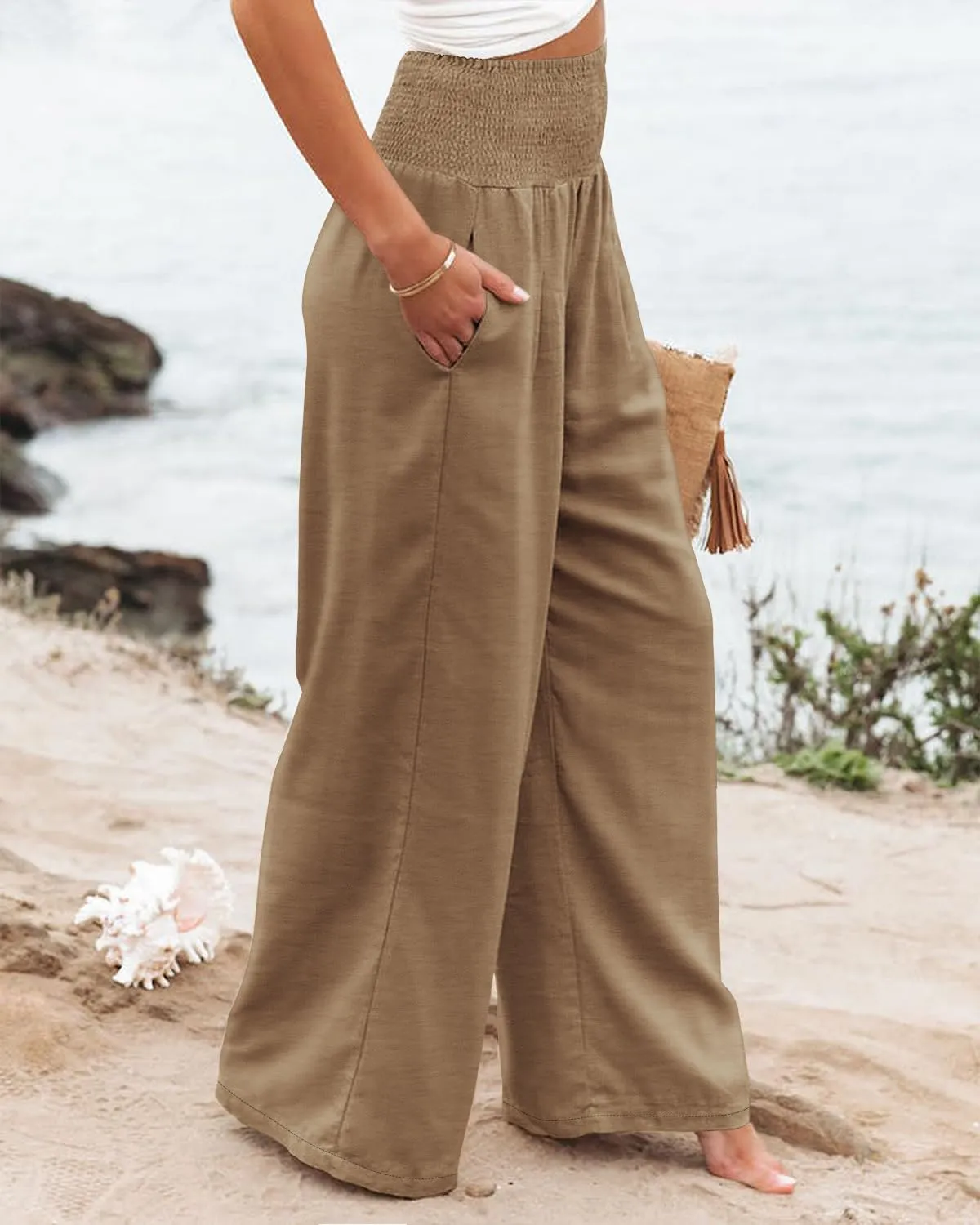 Angerella Womens Elastic High Waisted Palazzo Pants Casual Wide Leg Long Lounge Pant Trousers with Pocket