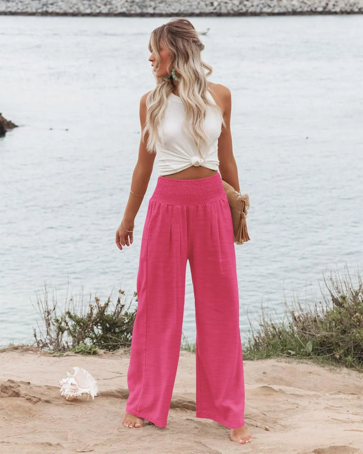 Angerella Womens Elastic High Waisted Palazzo Pants Casual Wide Leg Long Lounge Pant Trousers with Pocket