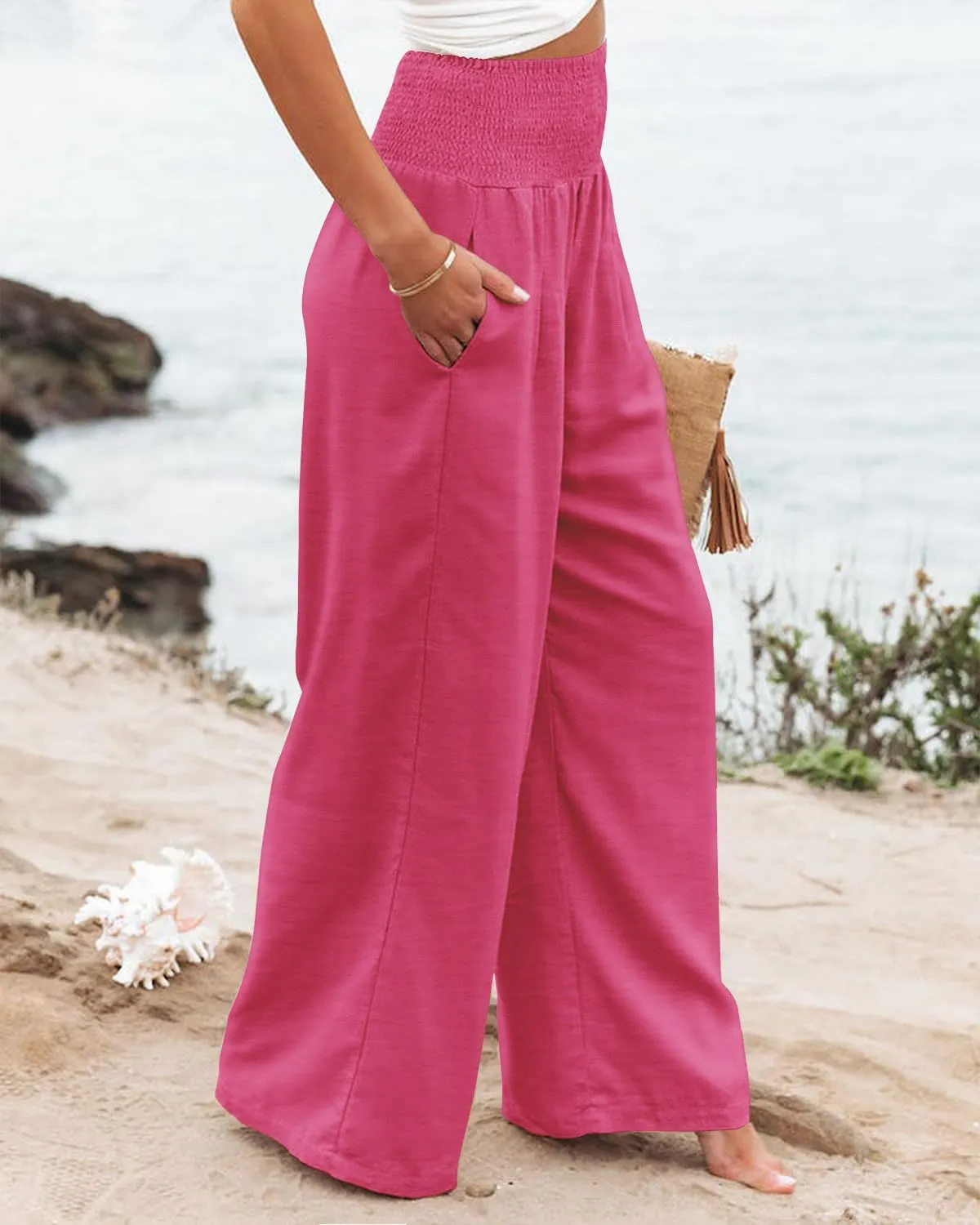 Angerella Womens Elastic High Waisted Palazzo Pants Casual Wide Leg Long Lounge Pant Trousers with Pocket