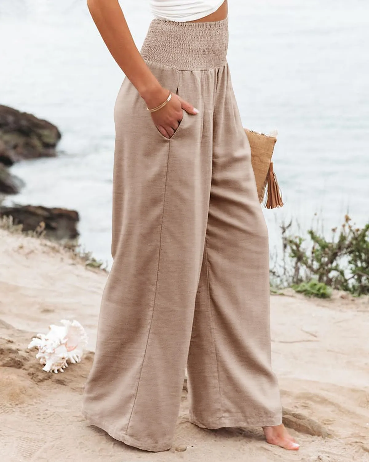 Angerella Womens Elastic High Waisted Palazzo Pants Casual Wide Leg Long Lounge Pant Trousers with Pocket
