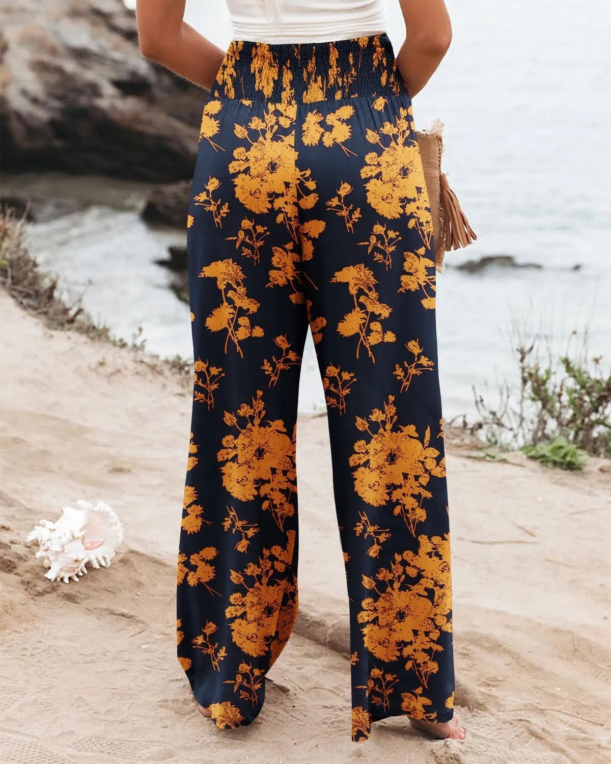 Angerella Womens Elastic High Waisted Palazzo Pants Casual Wide Leg Long Lounge Pant Trousers with Pocket