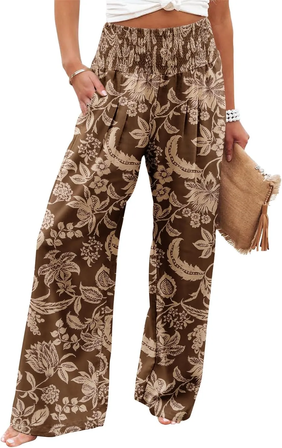 Angerella Womens Elastic High Waisted Palazzo Pants Casual Wide Leg Long Lounge Pant Trousers with Pocket