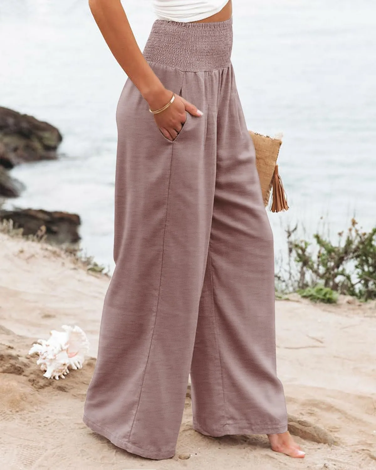 Angerella Womens Elastic High Waisted Palazzo Pants Casual Wide Leg Long Lounge Pant Trousers with Pocket