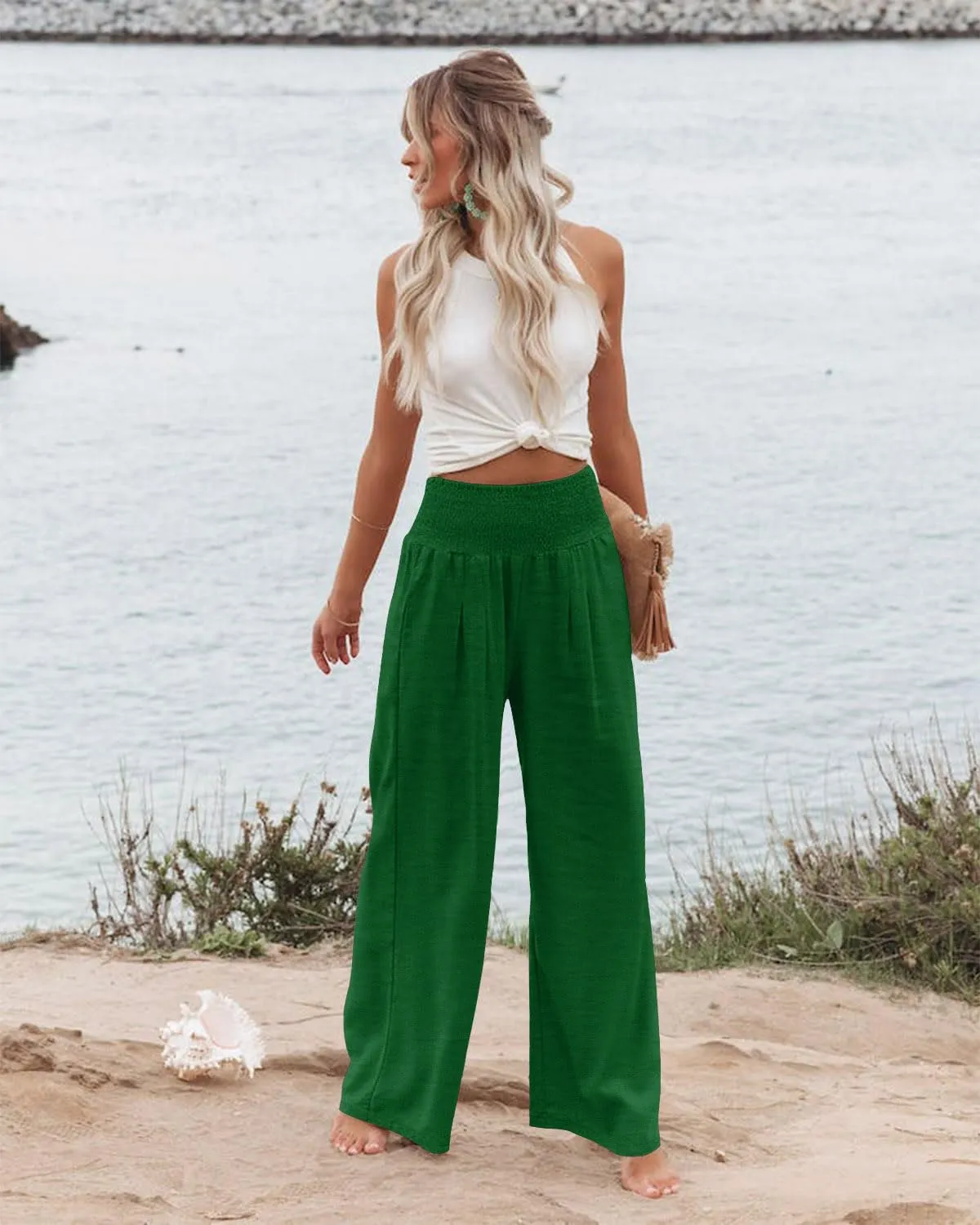 Angerella Womens Elastic High Waisted Palazzo Pants Casual Wide Leg Long Lounge Pant Trousers with Pocket