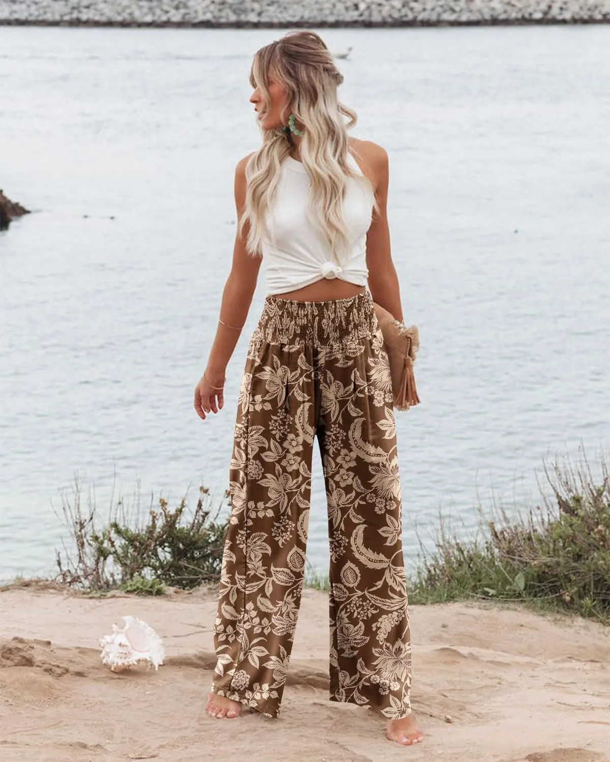 Angerella Womens Elastic High Waisted Palazzo Pants Casual Wide Leg Long Lounge Pant Trousers with Pocket