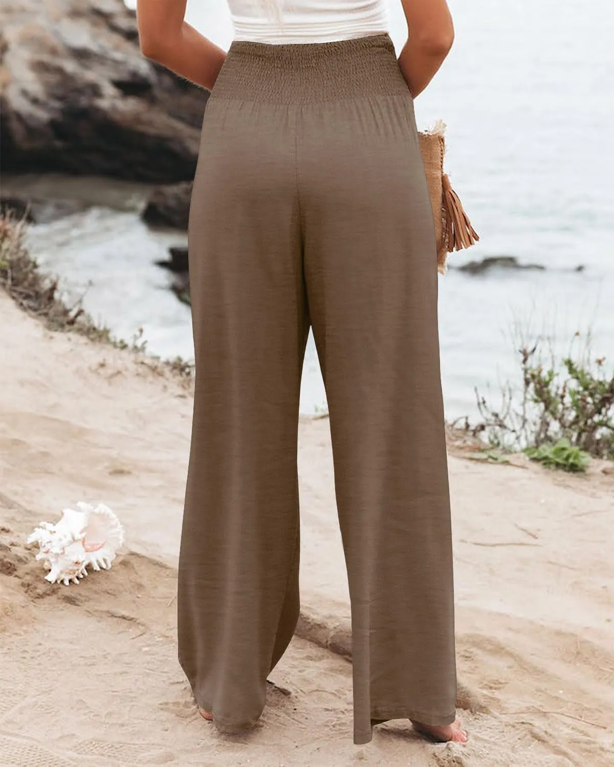 Angerella Womens Elastic High Waisted Palazzo Pants Casual Wide Leg Long Lounge Pant Trousers with Pocket