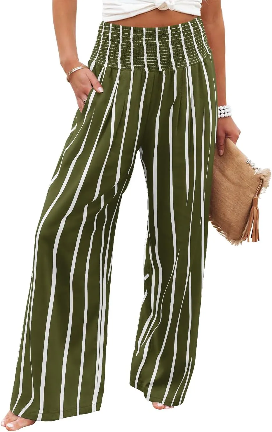 Angerella Womens Elastic High Waisted Palazzo Pants Casual Wide Leg Long Lounge Pant Trousers with Pocket