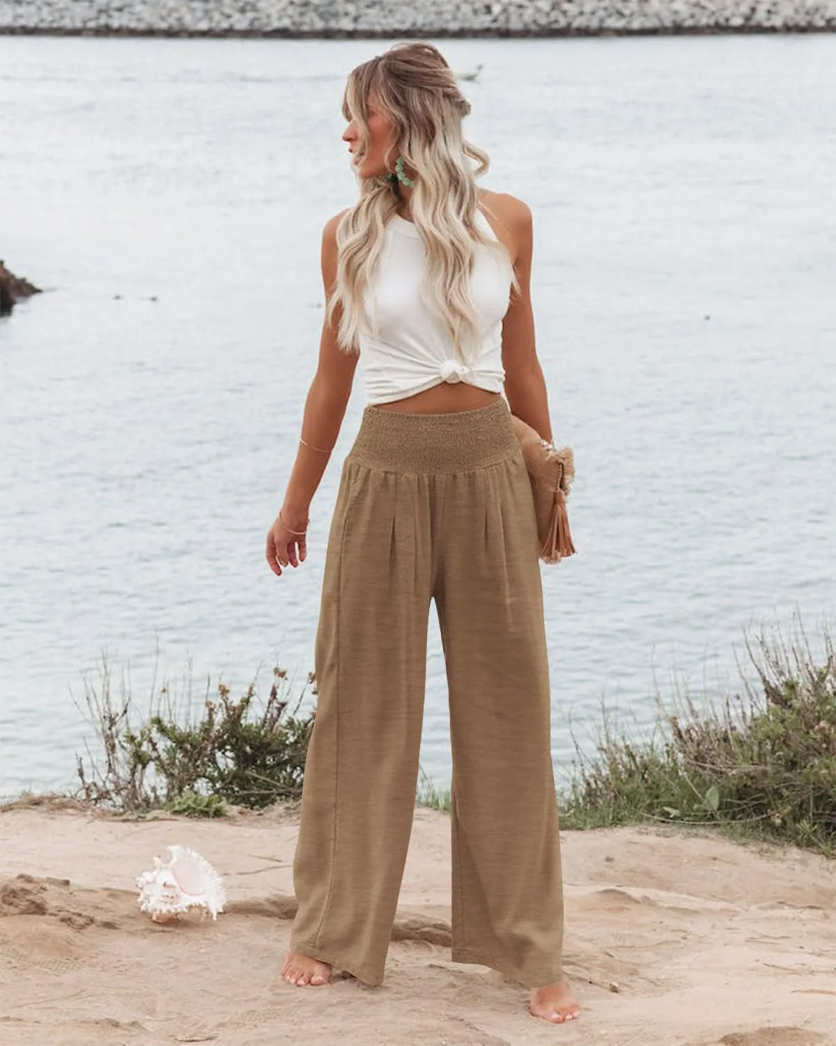 Angerella Womens Elastic High Waisted Palazzo Pants Casual Wide Leg Long Lounge Pant Trousers with Pocket