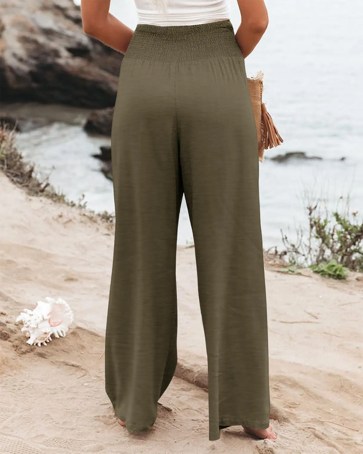 Angerella Womens Elastic High Waisted Palazzo Pants Casual Wide Leg Long Lounge Pant Trousers with Pocket