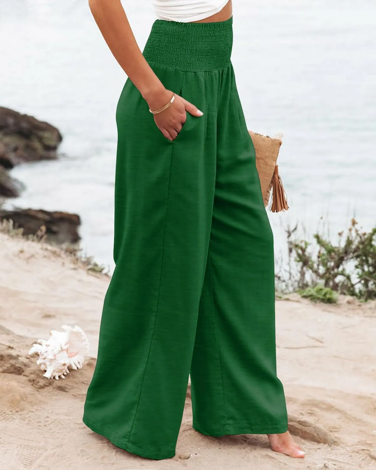 Angerella Womens Elastic High Waisted Palazzo Pants Casual Wide Leg Long Lounge Pant Trousers with Pocket
