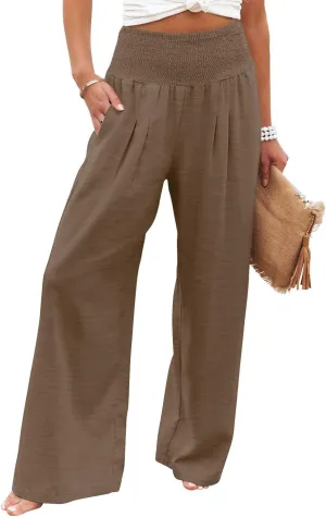 Angerella Womens Elastic High Waisted Palazzo Pants Casual Wide Leg Long Lounge Pant Trousers with Pocket