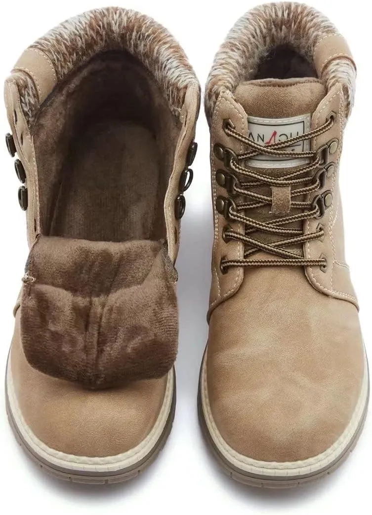 ANJOUFEMME Casual Winter Hiking Boots For Women - Womens Outdoor Snow Ankle Boots Waterproof Lightweight Lace up Fur Lined Walking Hiking Shoes
