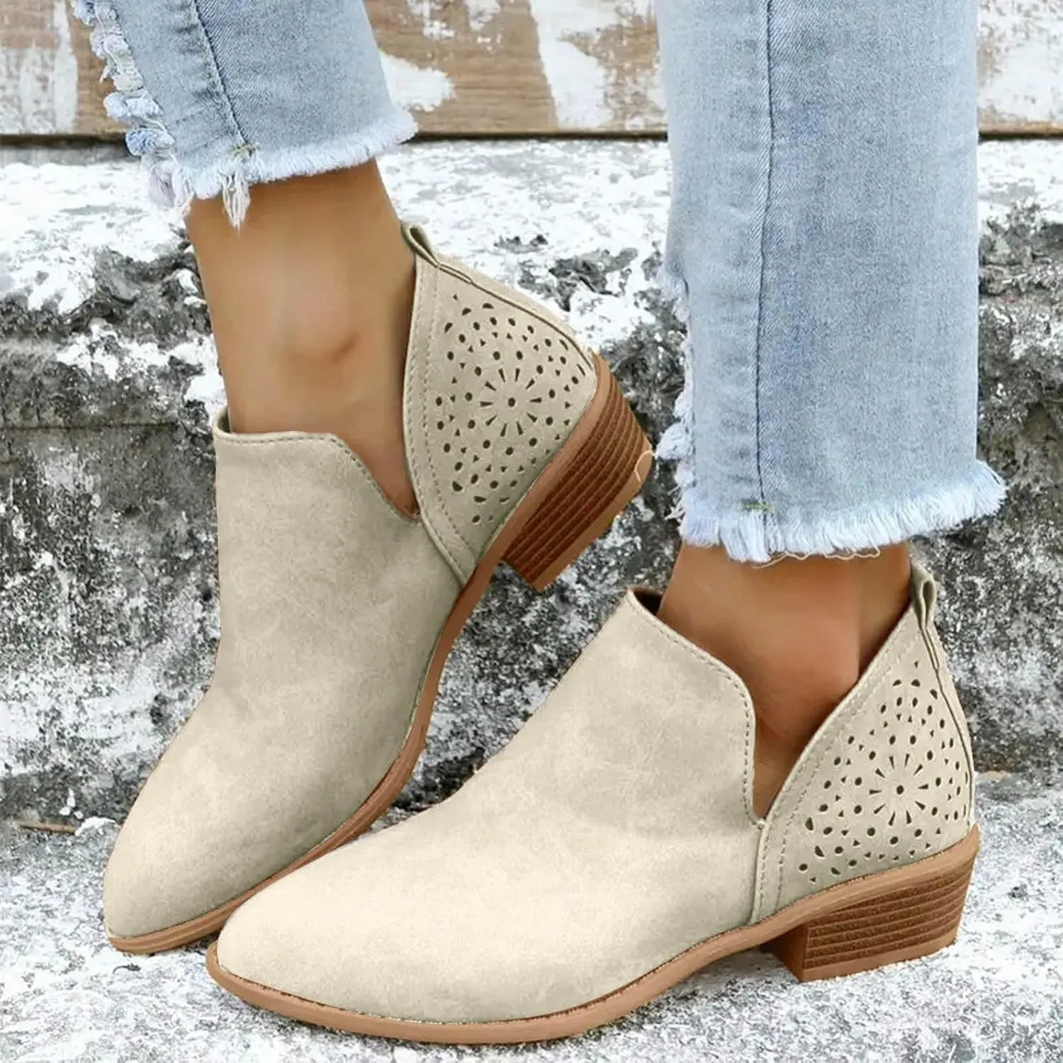 Ankle Booties for Women Casual Short Chunky Stacked Heel Slip On Hollow out Low Heel Side V Cut Western Booties Cutout Shoes