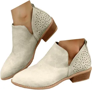 Ankle Booties for Women Casual Short Chunky Stacked Heel Slip On Hollow out Low Heel Side V Cut Western Booties Cutout Shoes