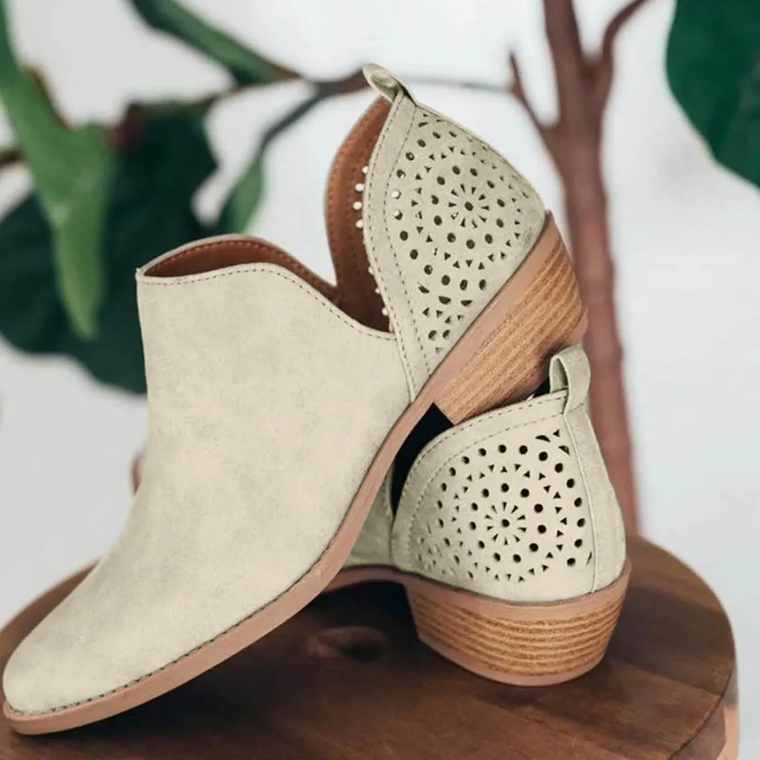 Ankle Booties for Women Casual Short Chunky Stacked Heel Slip On Hollow out Low Heel Side V Cut Western Booties Cutout Shoes