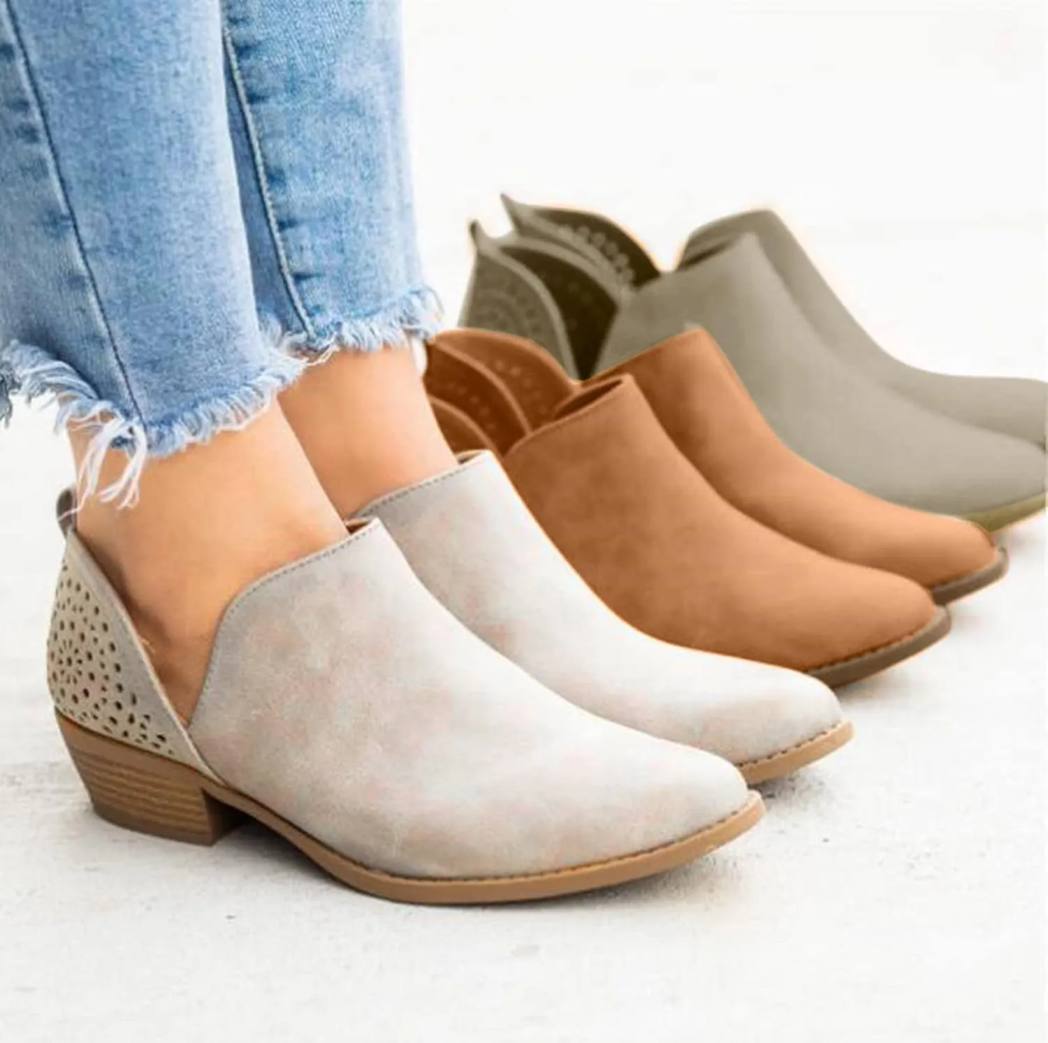 Ankle Booties for Women Casual Short Chunky Stacked Heel Slip On Hollow out Low Heel Side V Cut Western Booties Cutout Shoes