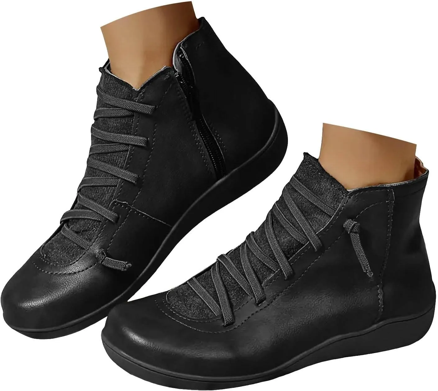 Ankle Boots for Women Arch Support,Womens Low Heel Fashion Lace Up Zipper Booties Casual Walking Short Cowboy Boots Slip On Bootie for Women Ladies Sneaker Outdoor Flat Orthopedic Shoes