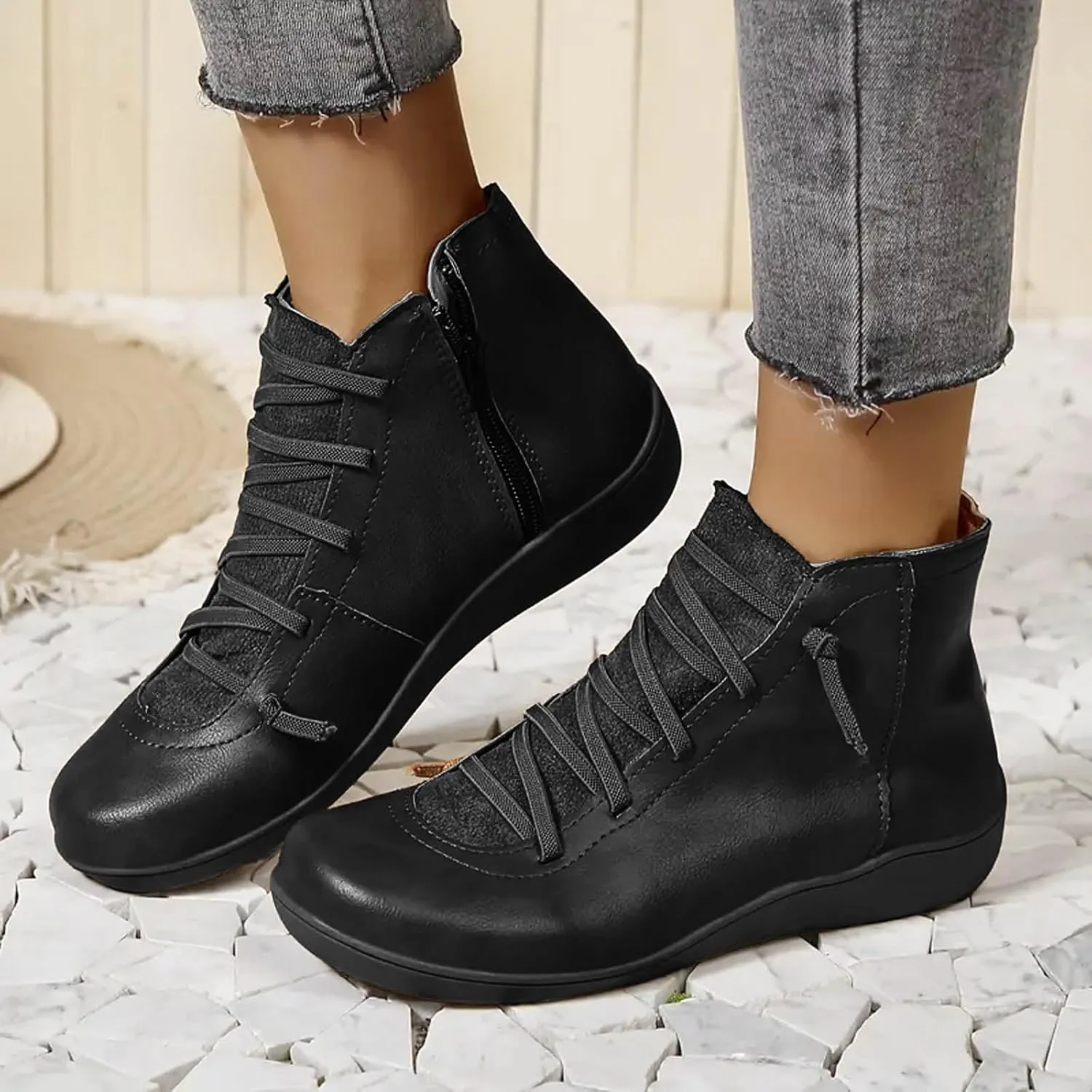 Ankle Boots for Women Arch Support,Womens Low Heel Fashion Lace Up Zipper Booties Casual Walking Short Cowboy Boots Slip On Bootie for Women Ladies Sneaker Outdoor Flat Orthopedic Shoes