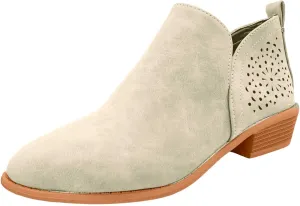 Ankle Boots for Women, Low Heel Cut Out Slip On Short Chunky Stacked Heel Perforated Side V Cut Casual Western Booties