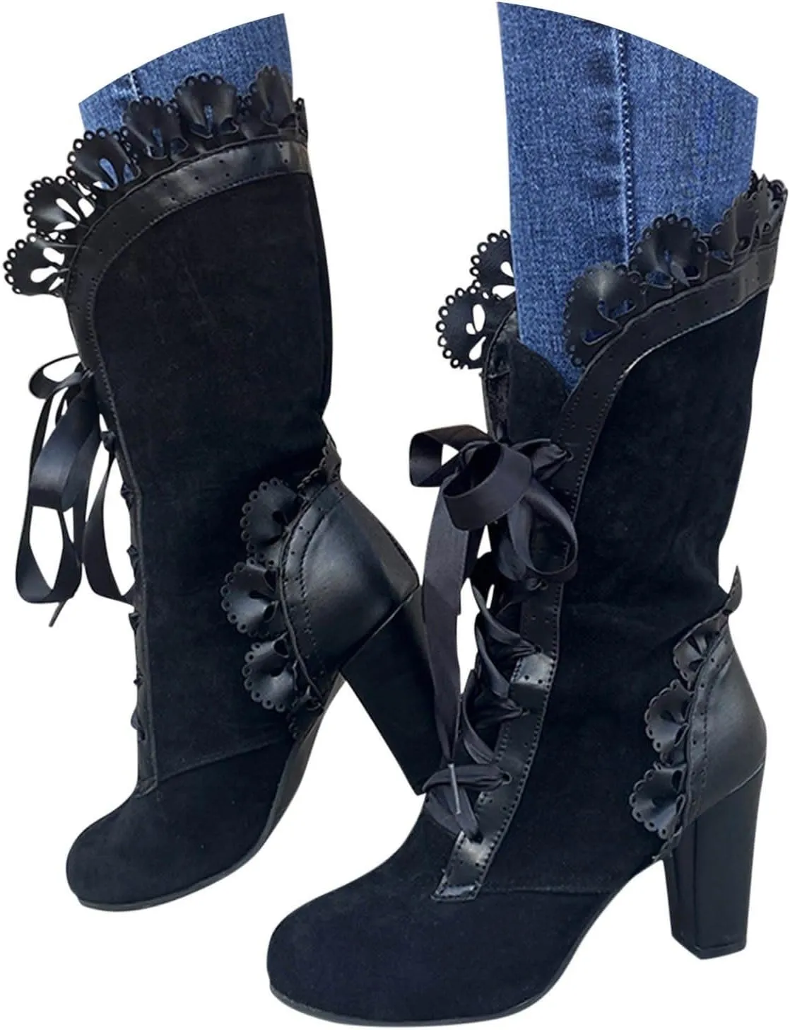 Ankle Boots for Women Retro Victorian Mid Calf Bow Shoes Mid Heels Almond Toe Lace Up Wedding Party Dress Fashion Booties