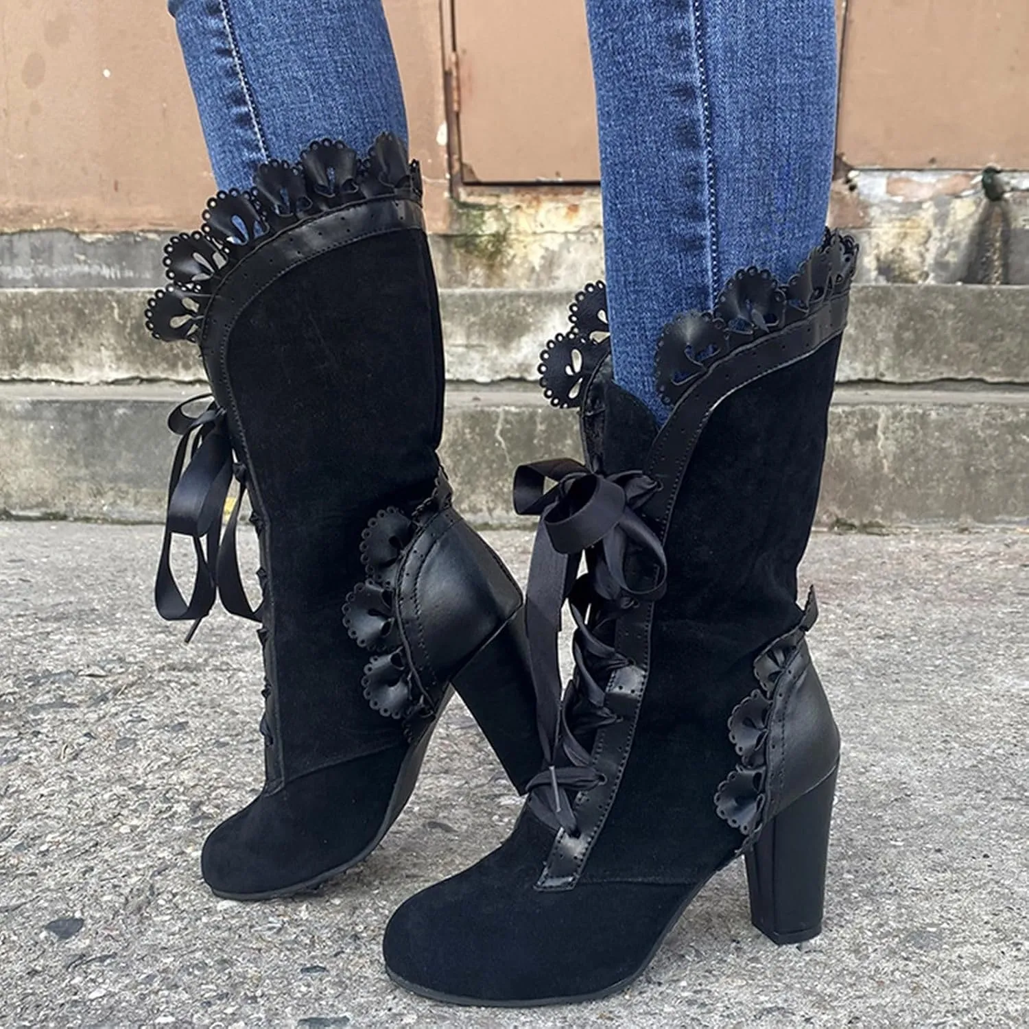 Ankle Boots for Women Retro Victorian Mid Calf Bow Shoes Mid Heels Almond Toe Lace Up Wedding Party Dress Fashion Booties